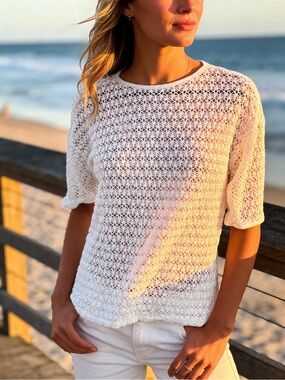 White Crochet Knit Dolmen Sleeves Top